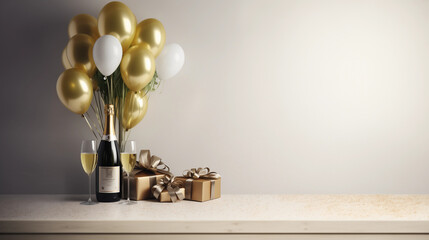 elegant celebration setting with champagne and golden balloons on a minimalist background