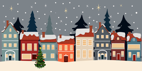 Christmas European town. City street. Winter city scene, vector illustration for greeting card design