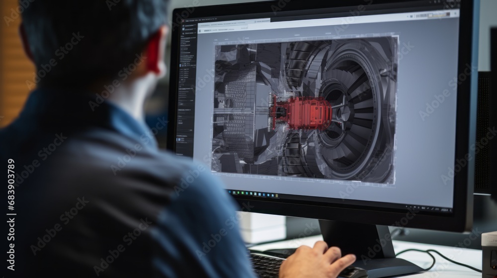 Poster specialist discussing 3d cad software on desktop computer with prototype jet engine project – close-