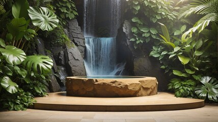 Hidden cave location with swimming pool in the center. Atmosphere background with ancient stone wall, waterfall and tropical leaves.