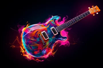 Photo sur Plexiglas Magasin de musique Luminous Guitar neon. Sound string bar. Generate Ai