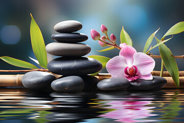Obraz na płótnie Canvas a stack or pyramid of stones, bamboo and an orchid in the water. balancing pebble stone. concept of relaxation, equilibrium.