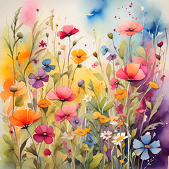 Fototapeta na wymiar Wildflower field watercolor painting, generative ai