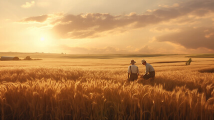 two farmers working in a golden wheat field during a serene 1920s American sunset