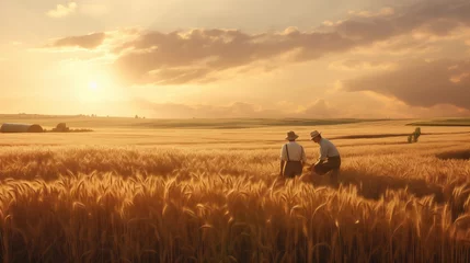 Deurstickers two farmers working in a golden wheat field during a serene 1920s American sunset © Dreem Visuals