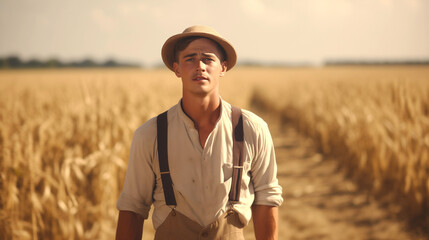 1920s American young farmer in a wheat field, a close-up portrait