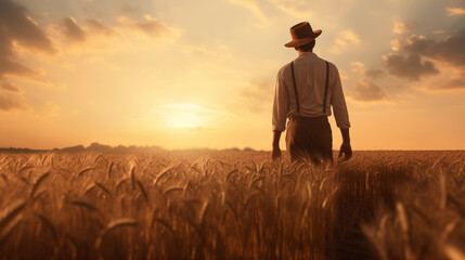 young 1920s american farmer gazing into the sunset over a wheat field - obrazy, fototapety, plakaty