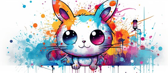 The colorful illustration of a cute cartoon animal icon, isolated in a white background with a grunge frame, features a star-shaped splash and a splash of vibrant colors. It portrays a fantasy world