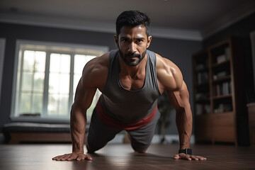Indian man exercising at home.Exercise and healthy lifestyle concepts,ai generated