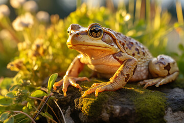 Naklejka premium Dumpy Frog On Leaves, Frog, Amphibian, Reptile,ai generated