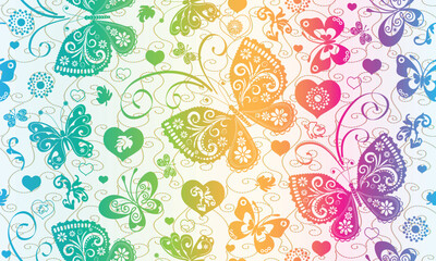 Vector Valentine rainbow seamless pattern with hearts and butterflies on white background.