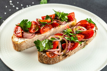 Sandwich with cottage cheese, tomatoes and basil, Delicious balanced food concept, place for text, top view