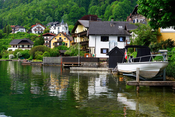 Summer landscape at Traunsee lake, landscape photo of lake and mountains near Gmunden, Austria, Europe	