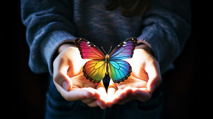 ADHD concept, rainbow butterfly in hands. ADHD is Attention deficit hyperactivity disorder - obrazy, fototapety, plakaty