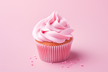 Delicious cupcake with butter cream on pink background.Copy space..Close up. Generative Al..