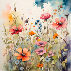 Wildflower field watercolor painting, generative ai