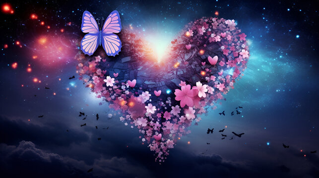 adaptation of the galaxy on the theme of love, where instead of planets in space there are hearts, a milky way of flowers, instead of comets there are butterflies, in the style of glowing colors
