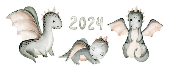Cartoon 2024 New Year's card Dragon illustration set, happy new year and christmas childish invitation