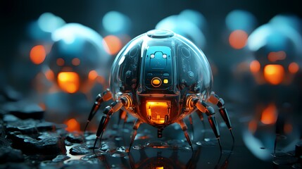 3d rendering of a robot on a dark background with glowing lights