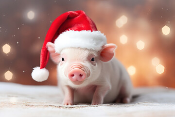Cute little festive pig wearing a Christmas santa hat, generative ai 