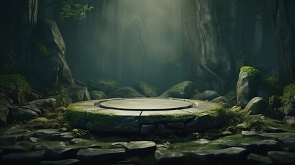 Flat stone podium in the magical forest , empty round stand background, generative ai 
