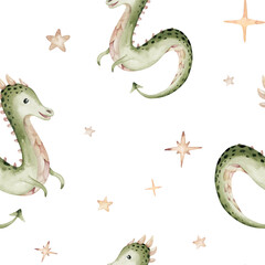 Fototapeta premium Cartoon 2024 New Year's card Dragon seamless pattern, happy new year and christmas childish background