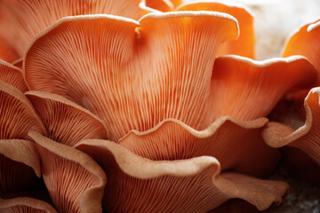 close up of pink oyster mushroom (Pleurotus djamor) detail - obrazy, fototapety, plakaty