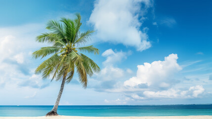 Fototapeta na wymiar Palm tree on tropical beach with blue sky.