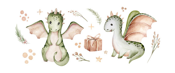 Cartoon 2024 New Year's card Dragon illustration set, happy new year and christmas childish invitation - obrazy, fototapety, plakaty