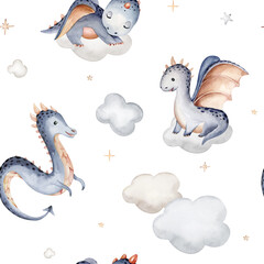 Cartoon 2024 New Year's card Dragon seamless pattern, happy new year and christmas childish background