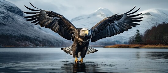 In the winter of Scotland, amidst the serene beauty of nature, a majestic eagle gracefully spreads its wings, soaring above a tranquil lake, on the lookout for fish, hunting its prey, the elusive - obrazy, fototapety, plakaty