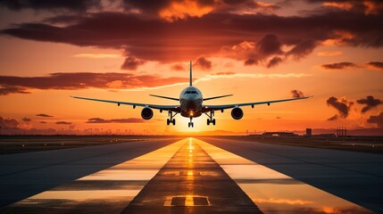 Fototapeta na wymiar Airplane landing at the airport during summer sunset, transportation concept