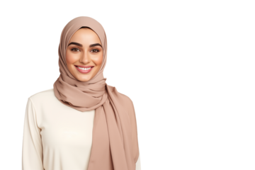 PNG Portrait of smiling young arabian girl in skin hijab looking at camera on transparent background, widescreen. Beautiful muslim lady. Generative AI