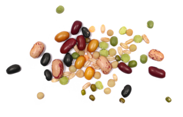Mix legumes and cereals, (beans, peas, lentils, barley, spelt) isolated on white, top view