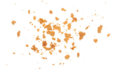 Pile crust bread crumbs, scattered pieces flying isolated on white, clipping path