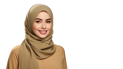 PNG Portrait of smiling young arabian girl in Tan color hijab looking at camera on transparent background, widescreen. Beautiful muslim lady. Generative AI