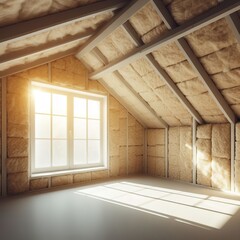 empty room with Wooden frame for future walls insulated with rock wool and fiberglass insulation staff for cold barrier. Comfortable warm home, economy, construction and renovation concept. - obrazy, fototapety, plakaty