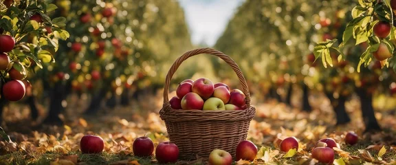 Fotobehang A crisp autumn day in an apple orchard, with a basket of fresh apples in the foreground © vanAmsen