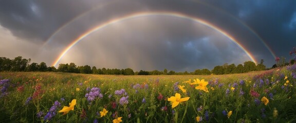 A field of wildflowers with a rainbow arching across the sky after a refreshing rain