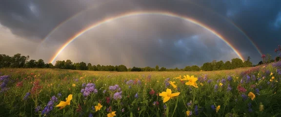Fensteraufkleber Wiese, Sumpf A field of wildflowers with a rainbow arching across the sky after a refreshing rain