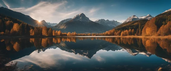Selbstklebende Fototapeten A captivating view of a mirror-like lake reflecting the perfect symmetry of the mountains above © vanAmsen