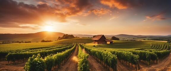  panoramic view of rolling vineyards at harvest time with a picturesque sunset sky
