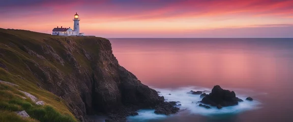Foto op Canvas A solitary lighthouse standing firm at the edge of a cliff during a tranquil twilight © vanAmsen