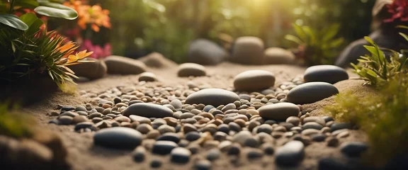 Fototapete A tranquil Zen garden with smooth stones and raked sand, symbolizing harmony and balance © vanAmsen