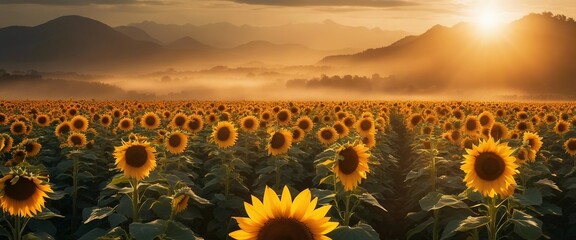 A sunflower field with the flowers facing the rising sun, symbolizing growth and optimism - obrazy, fototapety, plakaty