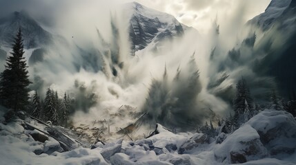 Huge snow avalanche, a mass of snow, ice, and rocks falling rapidly down a mountainside, nature concept