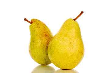 Two juicy sweet pears, macro, isolated on white background.