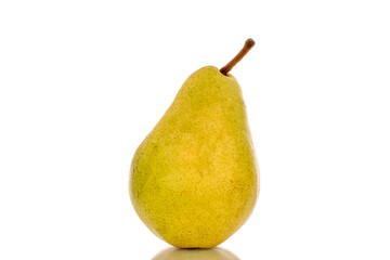 One juicy sweet pear, macro, isolated on white background.