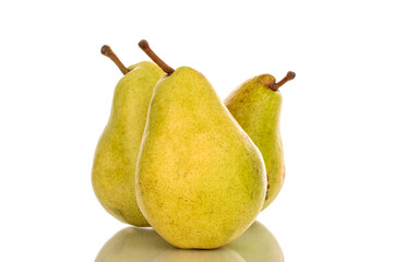 Three juicy sweet pears, macro, isolated on white background.