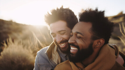 Joyful African American Men Sharing a Laugh in Golden Hour Light Outdoors